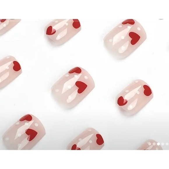 Valentine Style Short Square False Nails by Medusa Nail, Red Hearts & Polka Dots - Picture 2 of 3